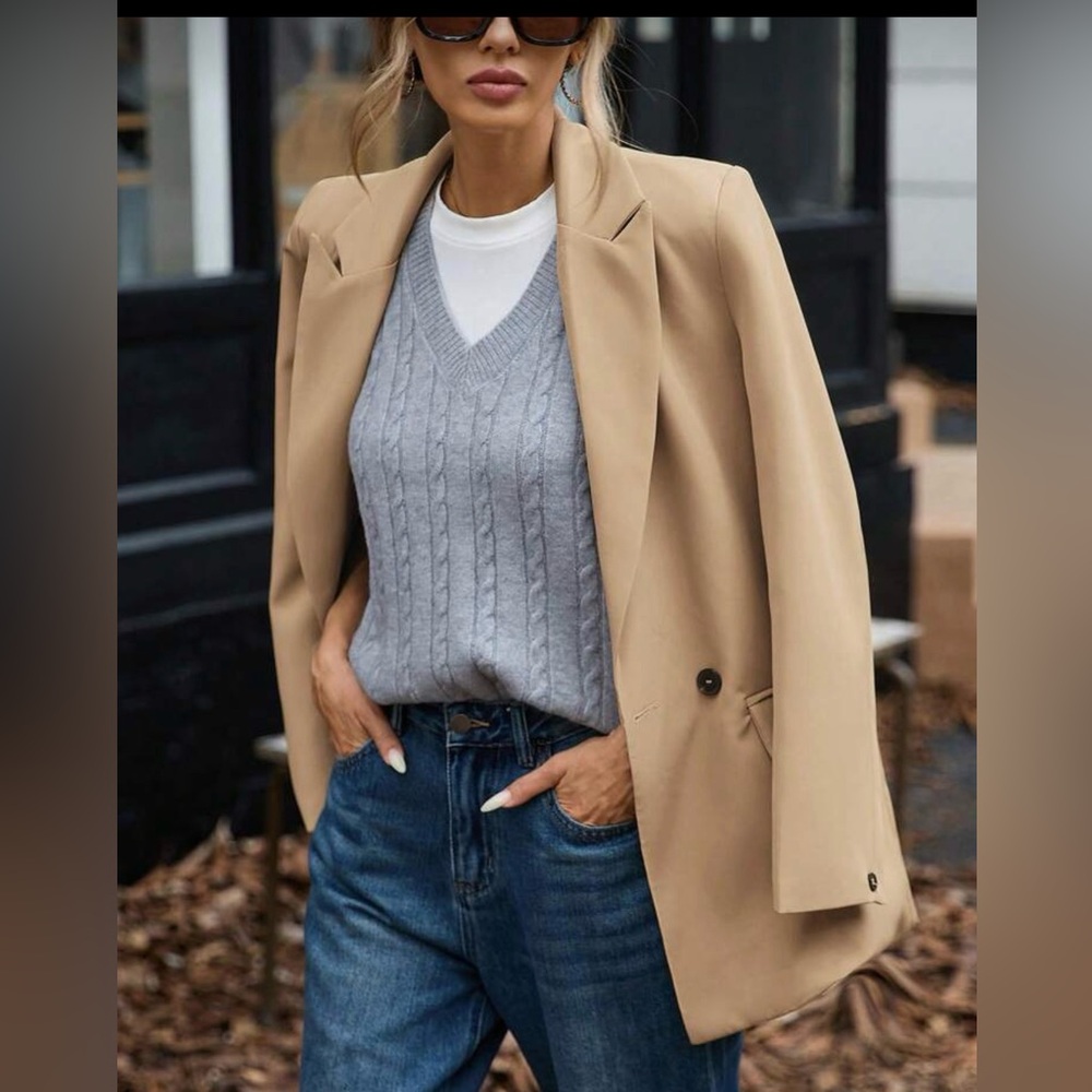 Modichic Beige Double Breasted Blazer Oversized Chic Fall Coat - Picture 2 of 6